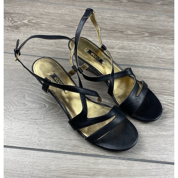 Ecco Shoes - Ecco Women's Leather Slingback Strap Wedge Heels Black Size 40 US 9